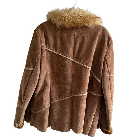 VTG Penny Lane Coat Sz XL Suede Leather Faux Fur Trim Y2K 70s Boho Patchwork - Picture 2 of 14